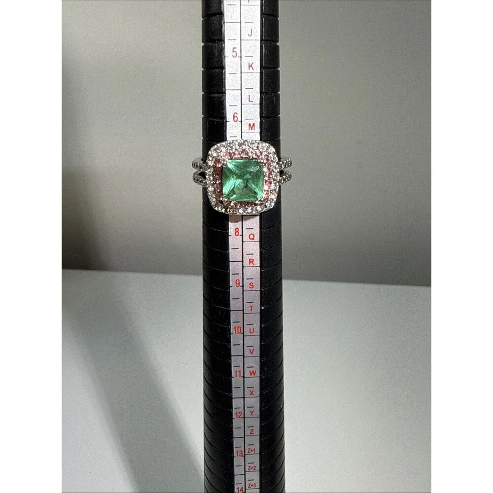 S925 Sterling Silver Emerald Green Halo Statement Ring Pink Clear Size 7